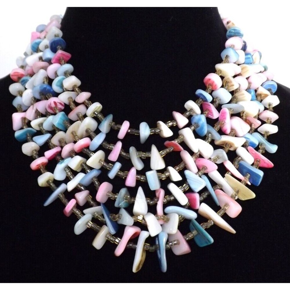 Vintage Mid Century Tiki Japan Five Strand Shell MOP Bib Necklace Multi Color